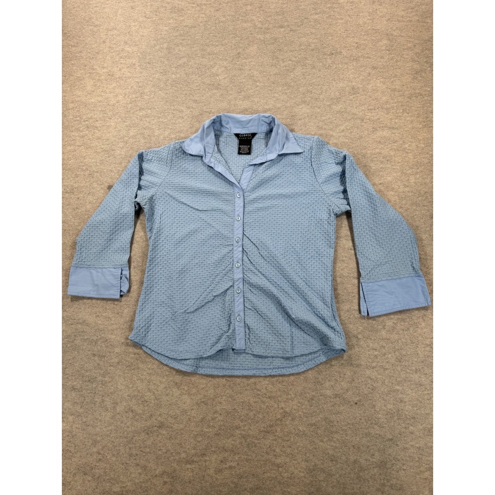 George Blouse Shirt Womens M 8-10 Blue Textured Long Sleeve Stretch Button Front